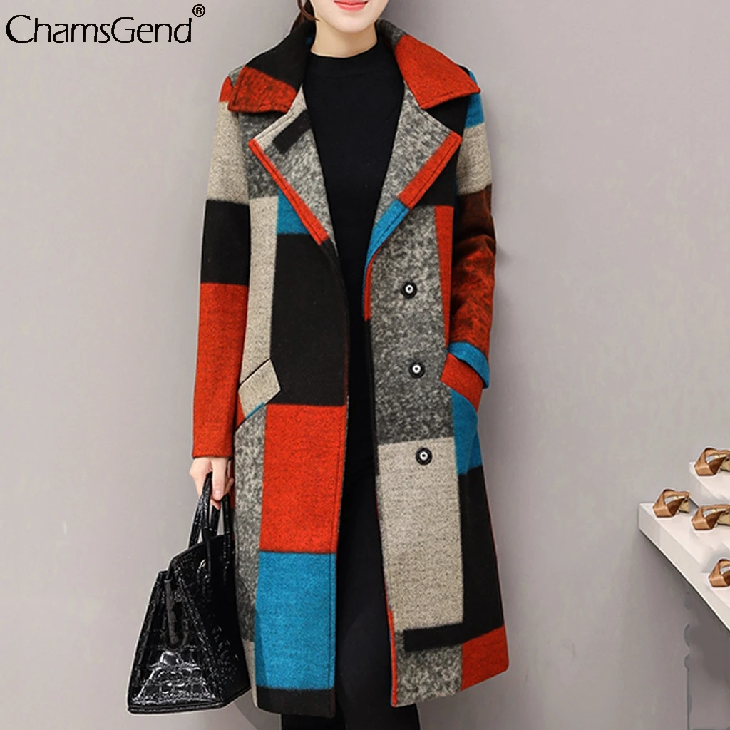 CHAMSGEND,, зимнее теплое шерстяное пальто для женщин, длинный карман, отложной воротник, пэтчворк, шерстяные куртки, пальто для женщин, ветровка# 4z