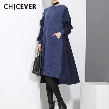 

CHICEVER Patchwork Hit Color Dresses Women O Neck Long Sleeve Oversize Loose Midi Dress Female Spring Fashion Clothes 2020 New