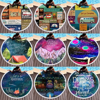 

Transportation Pattern Beach Blanket 150cm Tassel Picnic Camping Mat Round Sand beach Towel Tablecloth Pad Shawl Mattress