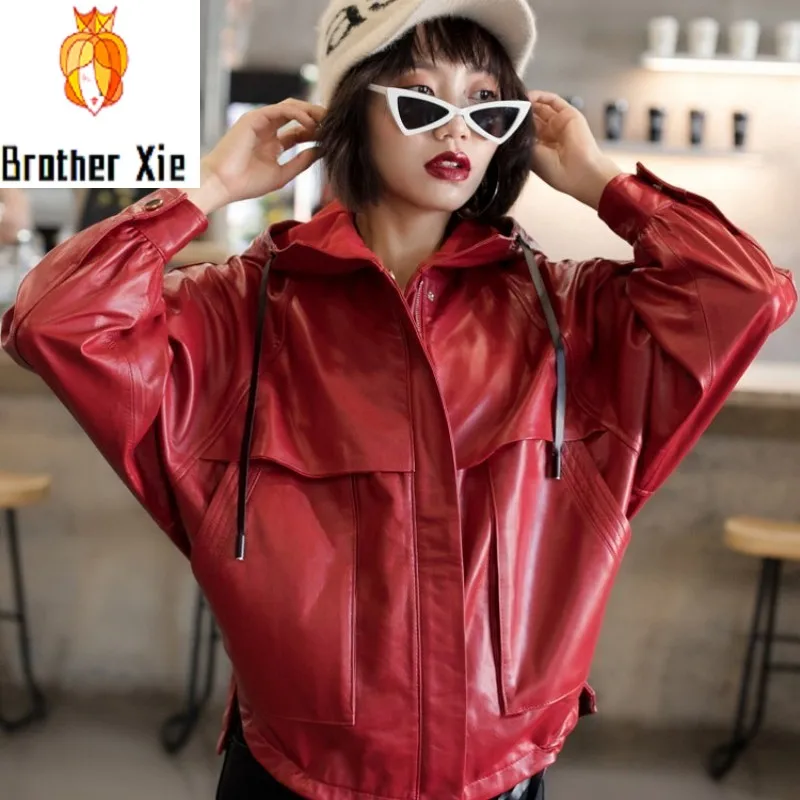 

2020 Red Loose Women SheepSkin Coat Punk Jacket Real Leather Jackets Zipper Female Hooded Biker Jacket Short Windproof Outwear