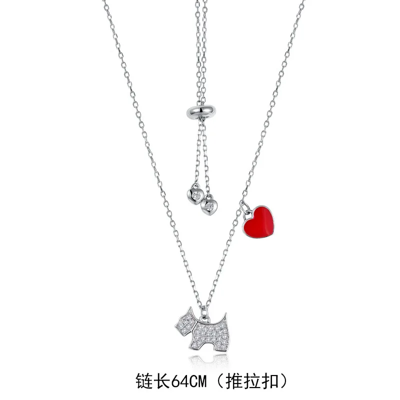 Silver 64CM New genuine S925 sterling silver long necklace chain glue puppy heart-shaped Korean boutique jewelry woman gift - Цвет камня: Silver 64CM