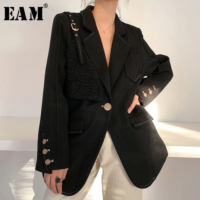 [EAM] свободное черное шерстяное пальто с пряжкой и разрезом Новая модная женская