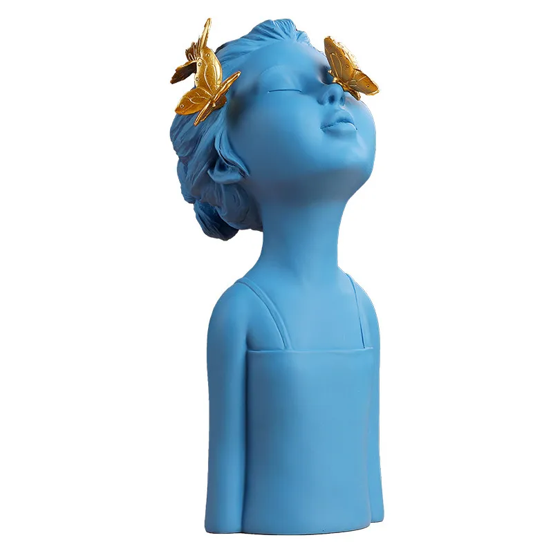 Modern Ins White Blue Girl Statues Resin Accessories Home Livingroom Table Sculpture Crafts Bedroom Desktop Figurines Decoration