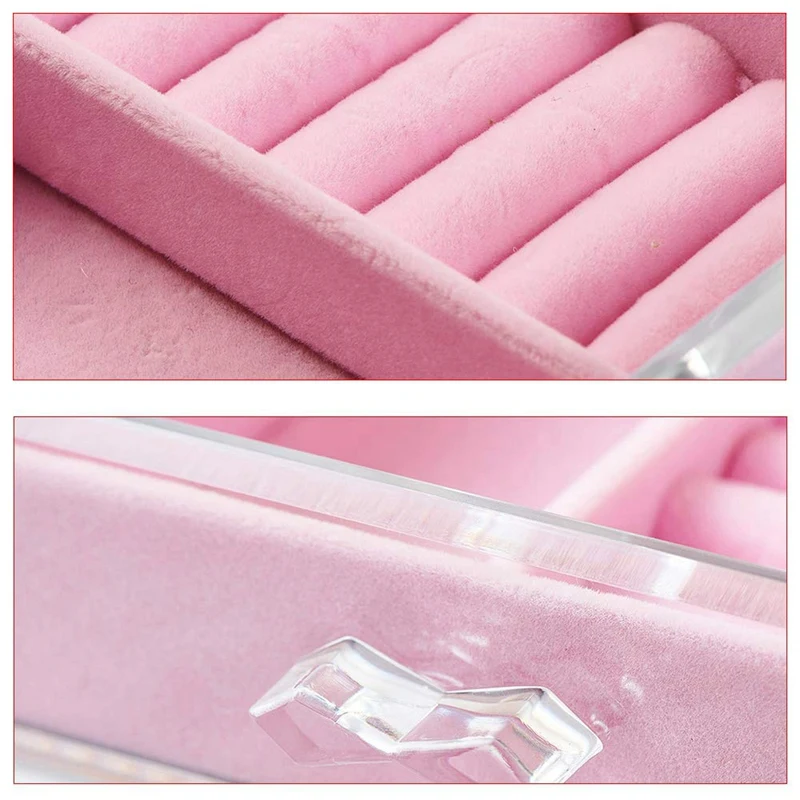 Jewelry Organizer 4 Drawers 2 Earring Hanger Two-In-One, Clear Rings Bracelets Necklaces Box for Women, Girls Gift Pink