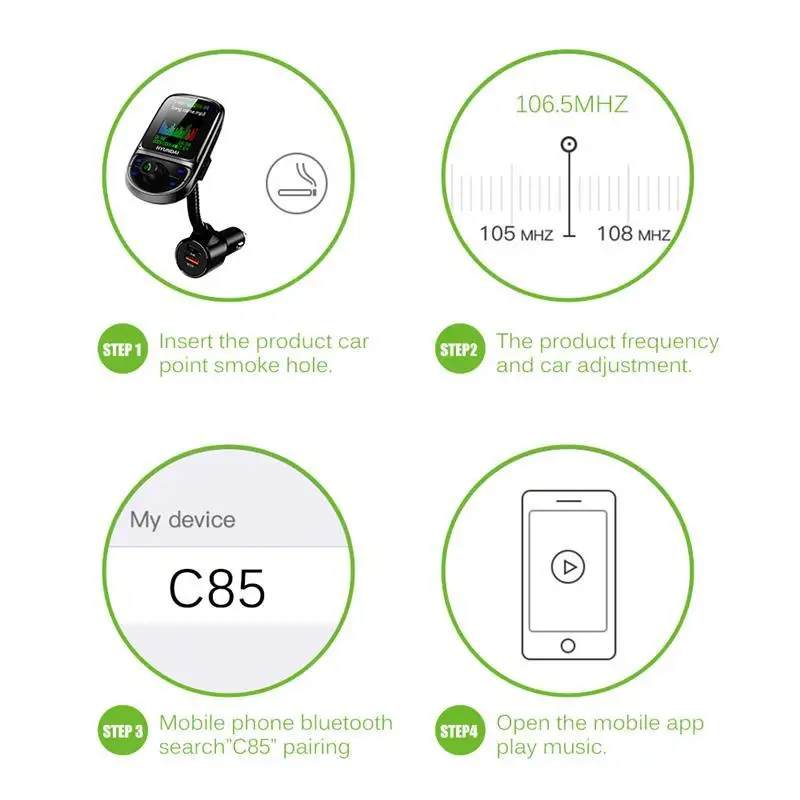 Onever HIFI Colorful Screen Car FM Transmitter Support USB TF Card Bluetooth 5.0 AUX Fast Charging Hands Free Mp3 Player