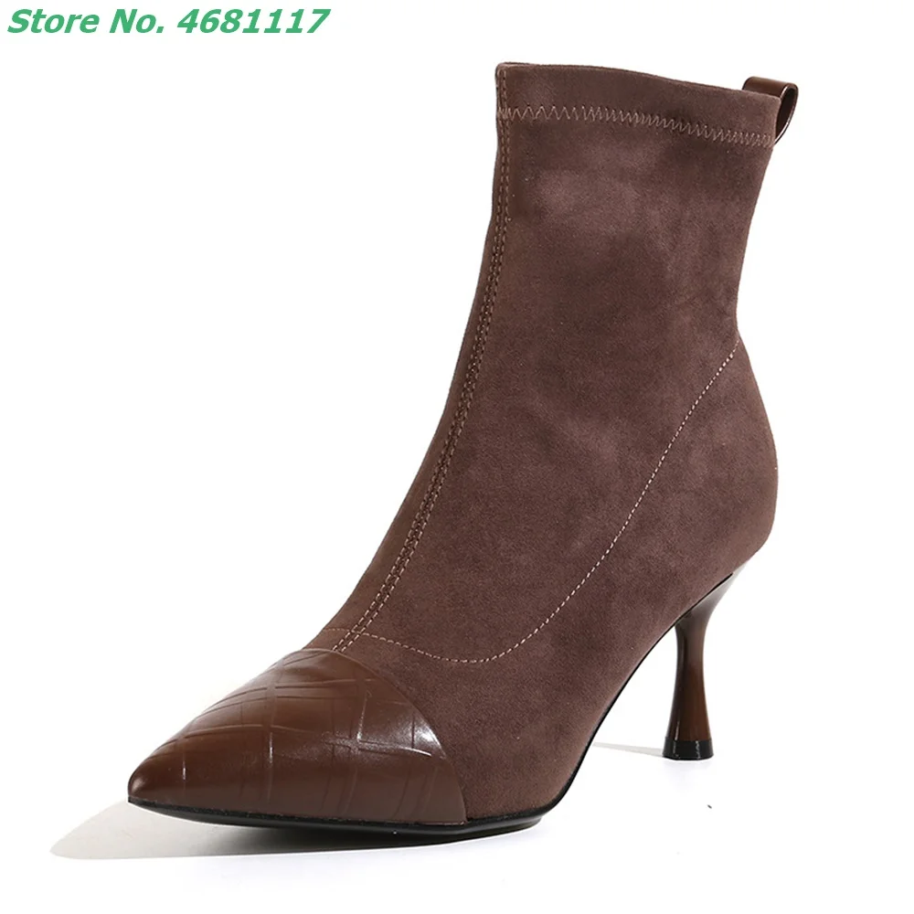 

High Heels Suede Leather Splicing Pointed Toe Boots Thin Heels Genuine Cow Leather Black Brown Solid All Match Women's Shoes