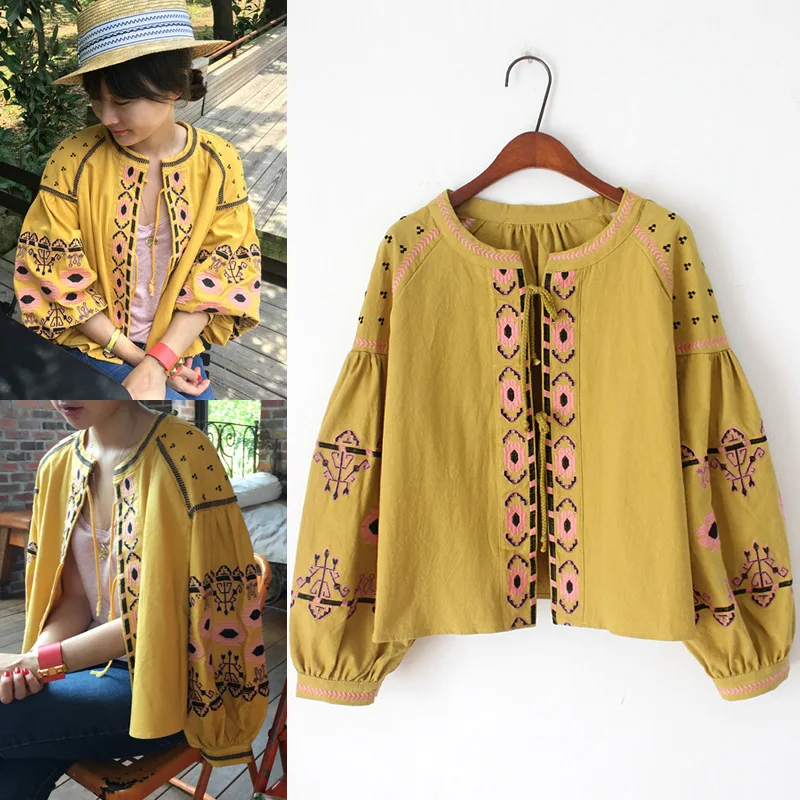 Boho блузка из хлопка с цветочной вышивкой блузки с кисточками и длинным рукавом-фонариком Свободные повседневные женские топы в стиле хиппи блузка и рубашка