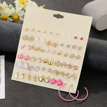 

30 Pairs of Alloy Pink Cute Heart Stud Earrings Set Pink Elephant Moon Earrings with Rhinestones and Pearls Girl Earrings