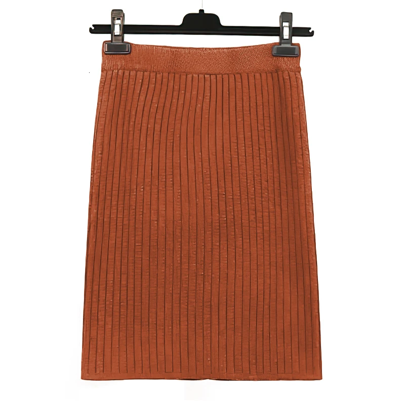 Khaki Skirt RICORIT юбка с эластичными лентами, женская зимняя трикотажная юбка, женские прямые ребристые юбки средней длины 50-70 см, 10 разных цветов - Цвет: Khaki Skirt