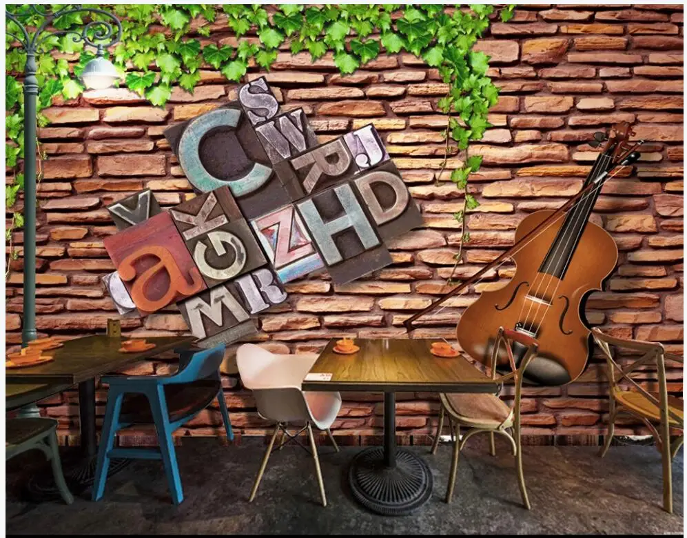 

3d wallpaper custom photo mural Green leaf cello alphabet brick wall background living room wallpaper for walls 3 d home decor