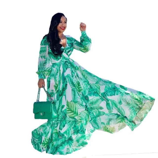 2021 Chiffon Long Sleeve Cross V-Neck Maxi Dress Bohemia Dress Full Plus Size Celebrity/Graduation/Dinner Dress Beach Sundress D2218 Green