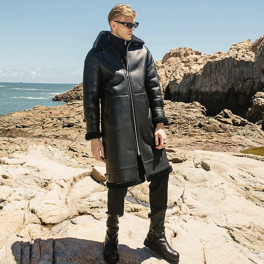 Mens B7 Sheepskin Shearling Jacket Long Fur Coat Black Leather Jacket ...