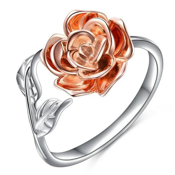 

2019 Red Rose Flower leaf Adjustable Wedding Finger Rings for Women Silver Color Zircon Open Ring Glamour Jewelry Girl Gift