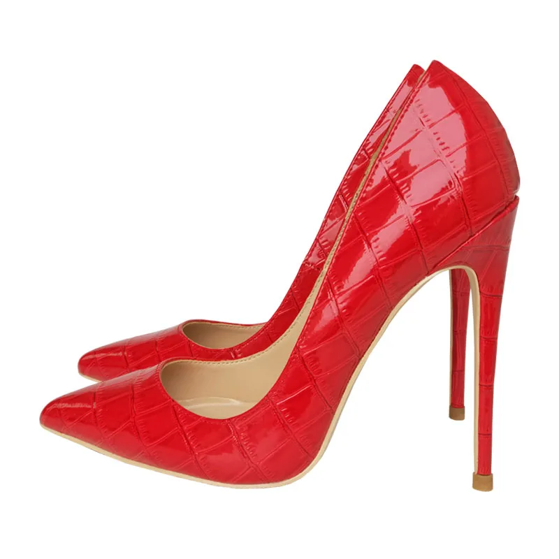 

Keshangjia sexy high heel shoes 12cm red snake print patent leather pointed wedding shoes bride shallow mouth high heels ladies