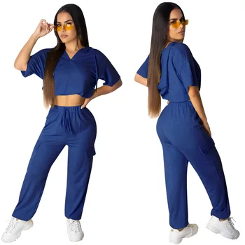 

2020 Autumn Street Casual 2 Pcs Set Women's Long Sleeved Crop Loose Hoodie And High Waist Pants Two Piece Suit New