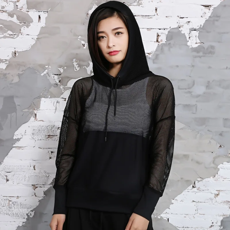 Новая женская одежда для фитнеса, Женская куртка с сеткой, быстросохнущая куртка с капюшоном и длинным рукавом, женская одежда для бега