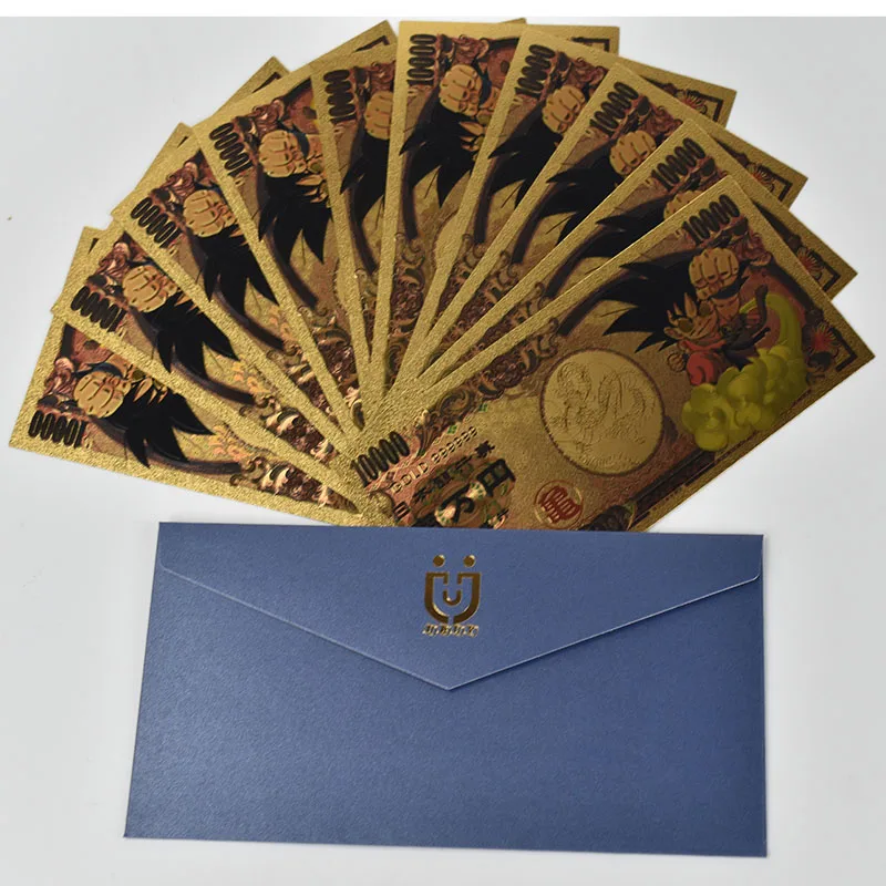 

10 pcs New Japan Dragon Ball Son Goku Kakarotto 10000 Yen Gold foil banknote childhood memory for collection