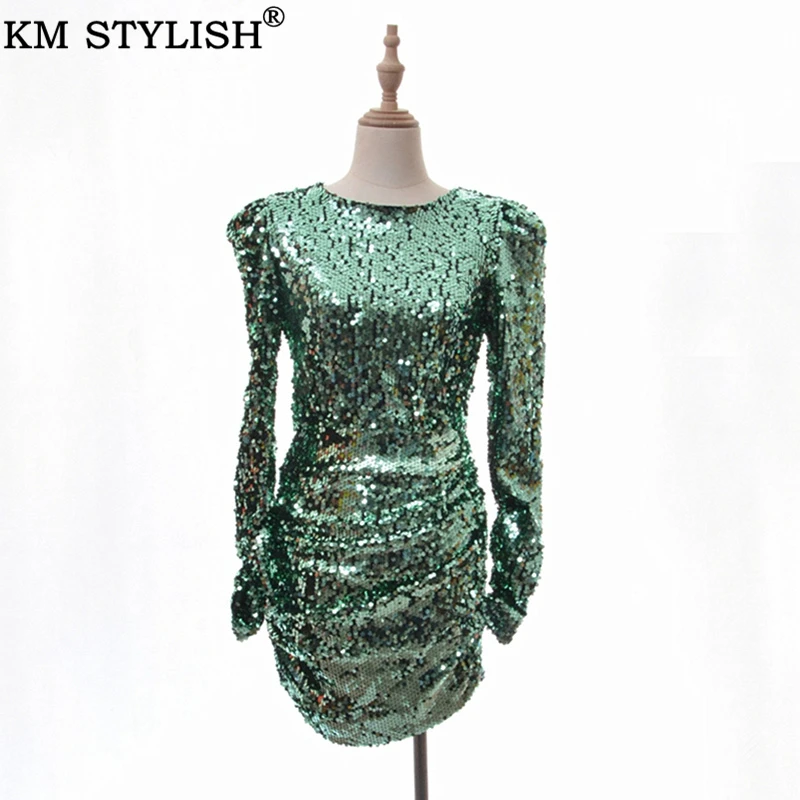 Womne's Clothings Vestidos, зеленые, с блестками, с открытой спиной, сексуальные, вечерние, бодикон, новинка, плиссированное, круглый вырез, длинный рукав, мини-платье-футляр - Цвет: Зеленый