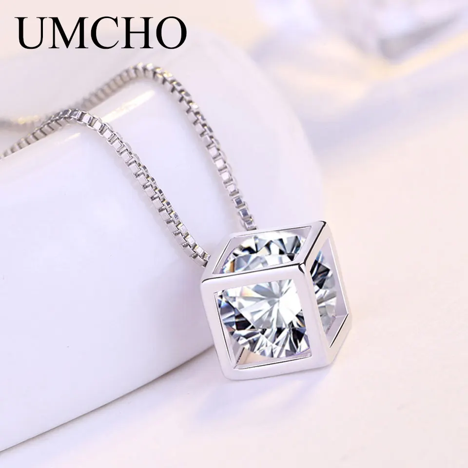 Clear UMCHO Элегантный квадратный 925 пробы Серебро S925 фиолетовый прозрачный CZ кулон ожерелье для женщин партии День рождения Мода ювелирные изделия - Цвет камня: Clear