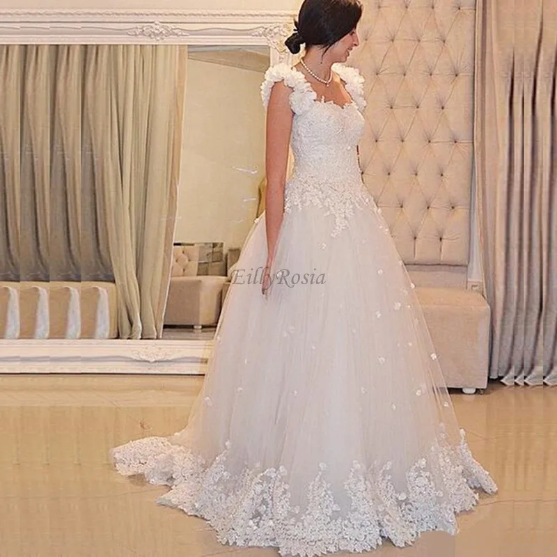 

Ivory A Line Wedding Dress Lace Appliques 3D Flowers Spaghetti Straps Tulle Bridal Gowns Elegant robe pour mariage invit femme