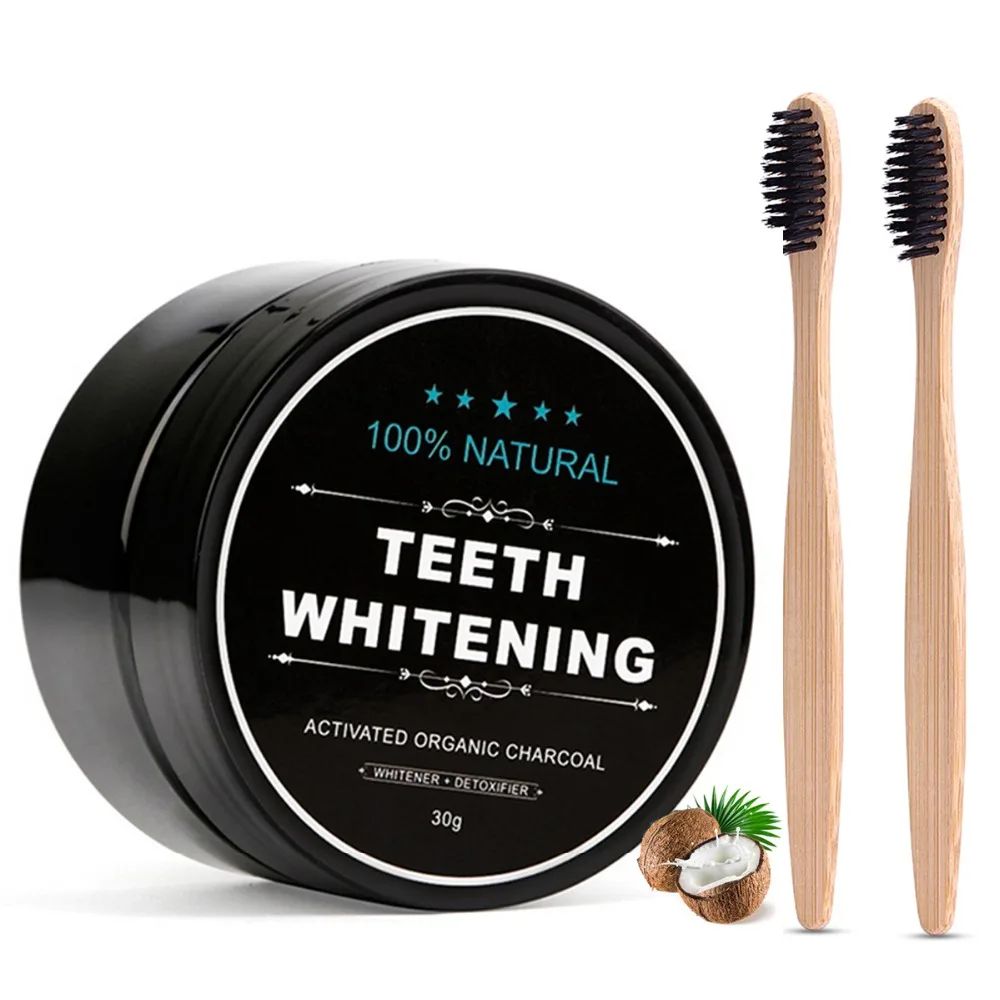 2pcs Wood Toothbrush with Activated Charcoal Powder Adults Children Dental Teeth Whitening Set Black Eco Friendly Product