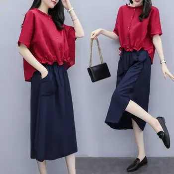 

Large Size Women's Set Cotton and Linen Skirt Two-piece Suit 2020 Summer New Short Sleeve Shirt And Skirt Female Outfit K789