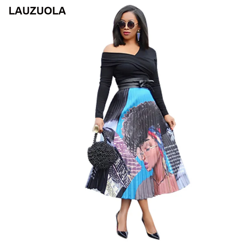 LAUZUOLA Spring Autumn Printed Cartoon Skirt Midi High Street Party Holidays High Elastic Quality Long Pleated Skirts Womens