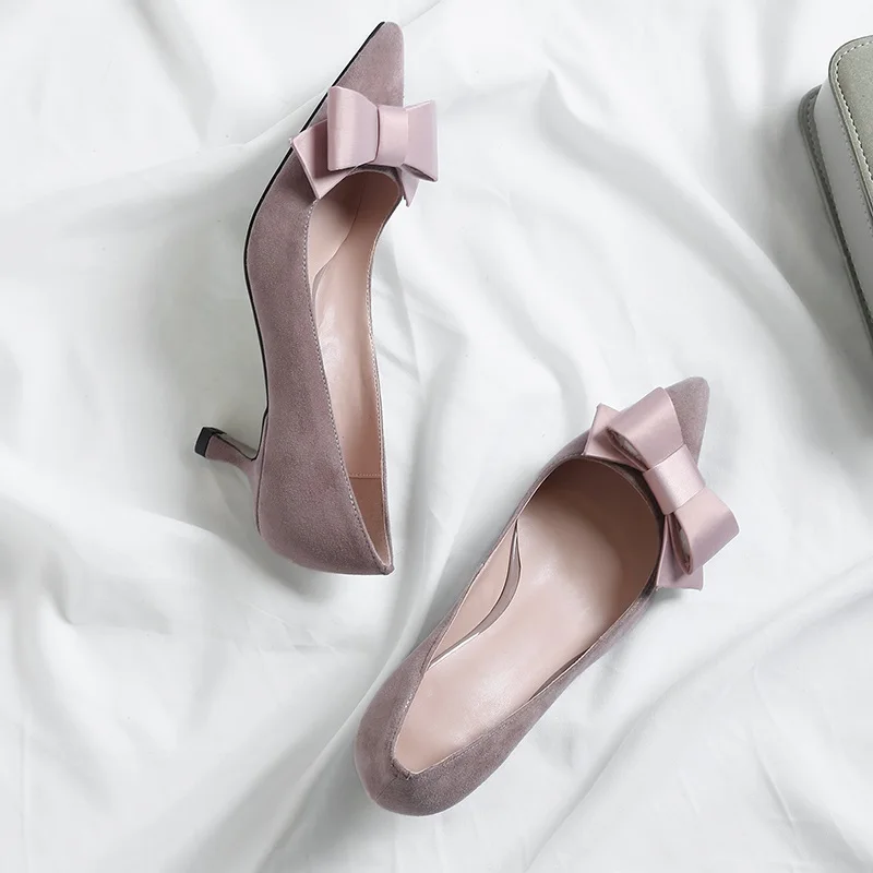 pink ZVQ, весенние новые модные женские туфли-лодочки замшевые вечерние женские туфли на среднем каблуке с острым носком и бантом Прямая поставка, размер 34-39 - Цвет: pink