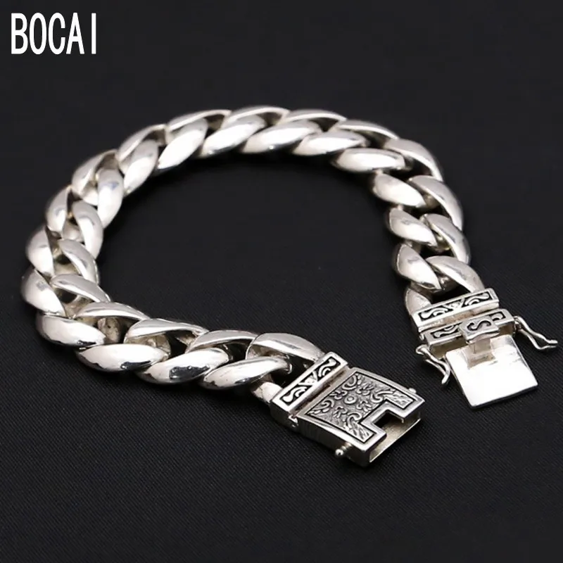 

2019 New S925 sterling silver fashion jewelry 12MM wide Thai silver bracelet male double insurance buckle men's silver bracelet
