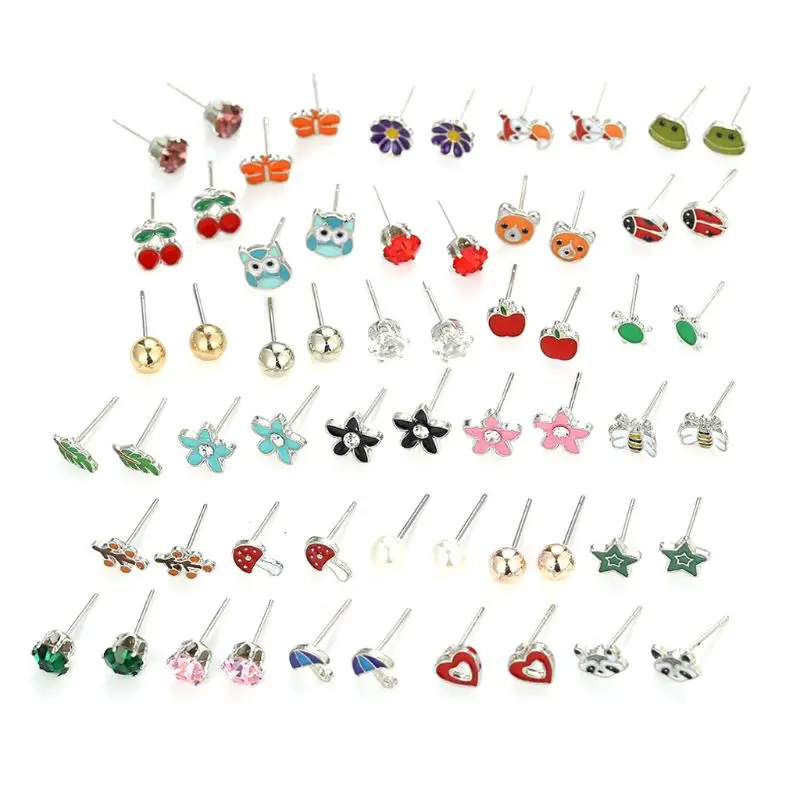 30 Pairs Stainless Steel Mixed Animals Heart Star Ladybug Bee Frog Mushroom Tree Daisy Umbrella Stud Earrings Set Kids kids earrings set