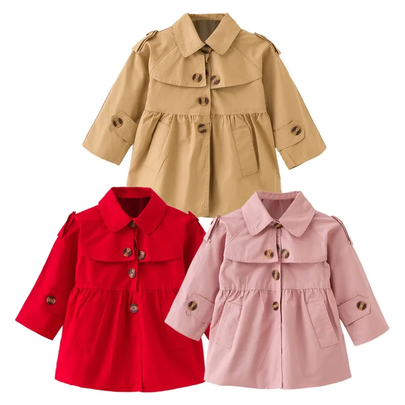 

Baby Girl Solid Button Draped Spring Autumn Warm Clothing Coats Kids Children Long Sleeve Soft Cotton Fashion Coats