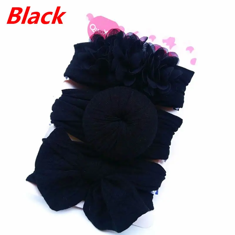 Black 3 шт./компл. мода нейлон Лук головная повязка для новорожденных платье-пачка с бантом, круглые шарики повязка для волос для девочек; детская одежда с цветочным принтом; в форме пончика повязка на голову, Новинка - Цвет: Black