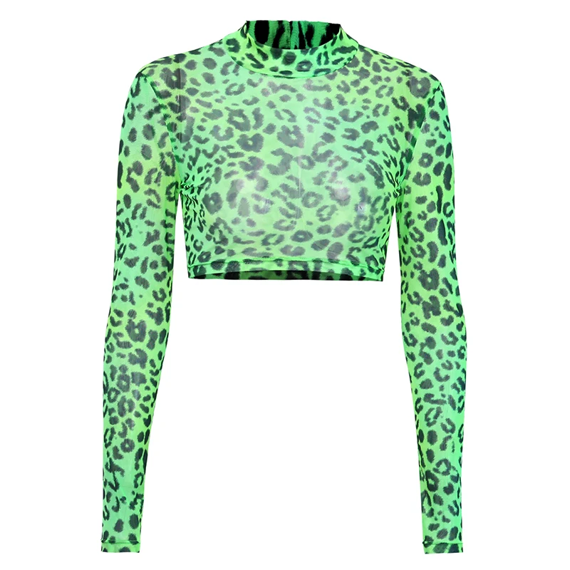Green InstaHot леопардовая Сетчатая футболка укороченный топ зеленый прозрачный длинный рукав круглый вырез Осенняя Уличная Повседневная футболка Женская Новинка - Цвет: Green