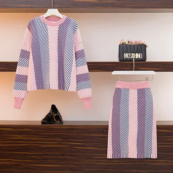 

BKMGC Autumn Winter Striped Knit Sweater Two Piece Skirt Set Women Elegant O Neck Long Sleeve Sweater Top + Skirt Pink Outfit