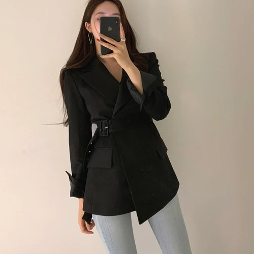 Черный Newest Elegant Slim Formal Wear Office Woman Blazer With Belt Hot Sale Autumn Casual Blazer Sweet Chic Korean Women's Coats - Цвет: Черный