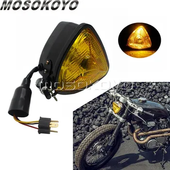 

Black Yellow Lens Motorcycle Retro Triangle Headlight Amber H4 12V Vintage Headlamp for Custom Bike Chopper Cafe Racer Universal