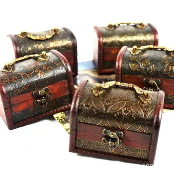 

Vintage Wooden Treasure Chest Box Craved Jewelry Storage Organizer with Lock
