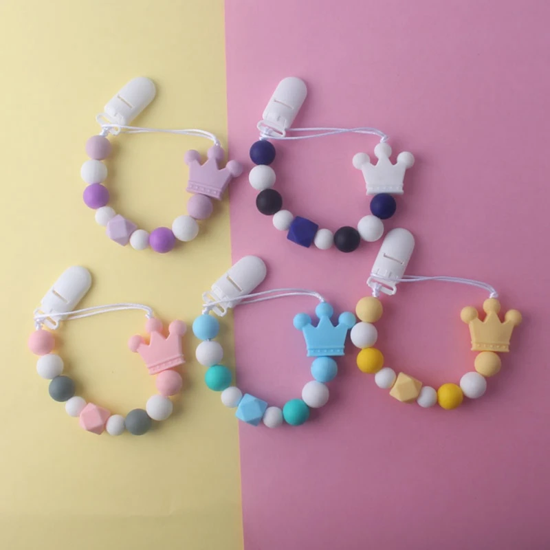Wood Pacifier Clips Crown beads Beaded Pacifier Chain Baby molar toy