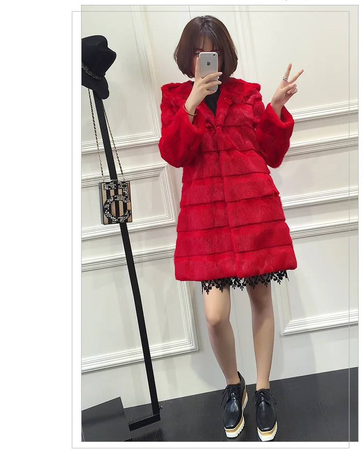 Fashion real fur coat women full sleeve wave cut genuine rabbit fur warm winter coats and jackets with a hood