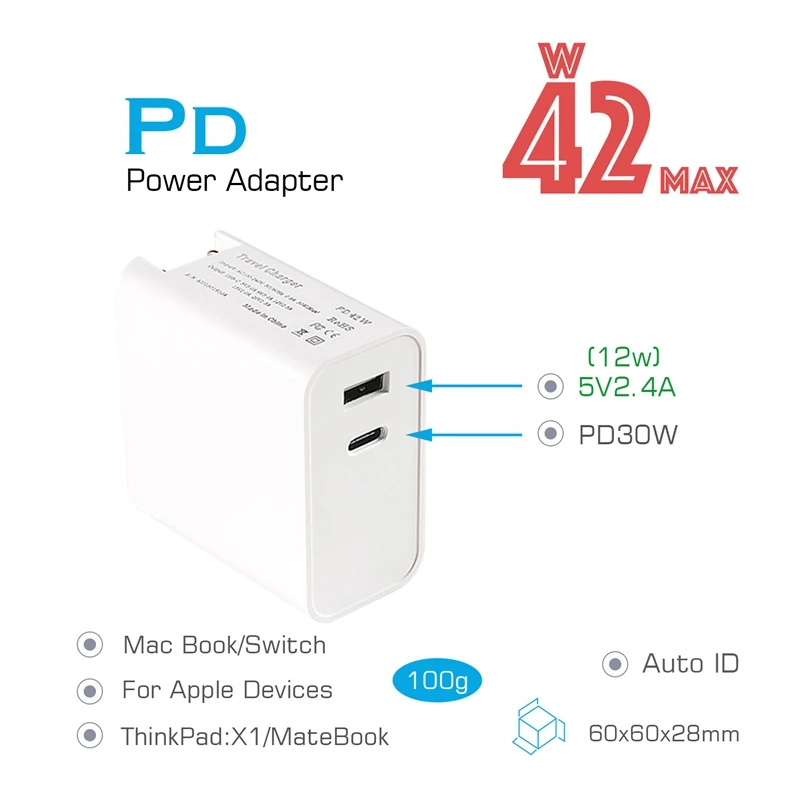 42 Вт тип-c power Delivery PD настенное зарядное устройство с 5V 2.4A USB зарядное устройство для MacBook iPad Pro samsung Note 9/S9/Nexus EU Plug