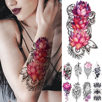 

Waterproof Temporary Tattoo Sticker Pink Lotus Rose Lace Flowers Flash Tattoos Snake Dragon Body Art Arm Fake Tatoo Women Men