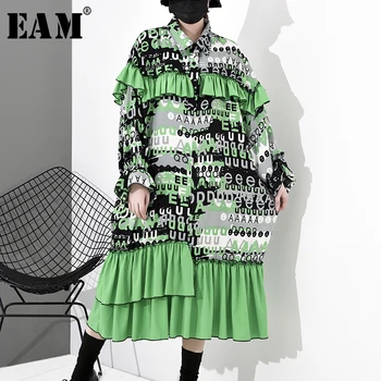 

[EAM] Women Green Pattern Printed Pleated Big Size Dress New Lapel Long Sleeve Loose Fit Fashion Tide Spring Autumn 2020 1S031