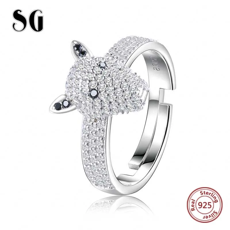 

100% 925 sterling silver Luxury Dog head Dazzling open size ring with Clear cubic zirconia silver ring jewelry for women gift