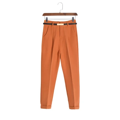 caramel colour Уличная штаны Для женщин Высокая Талия Офисные женские туфли брюки размера плюс Англия Стиль черные брюки с поясом pantalon femme - Цвет: caramel colour