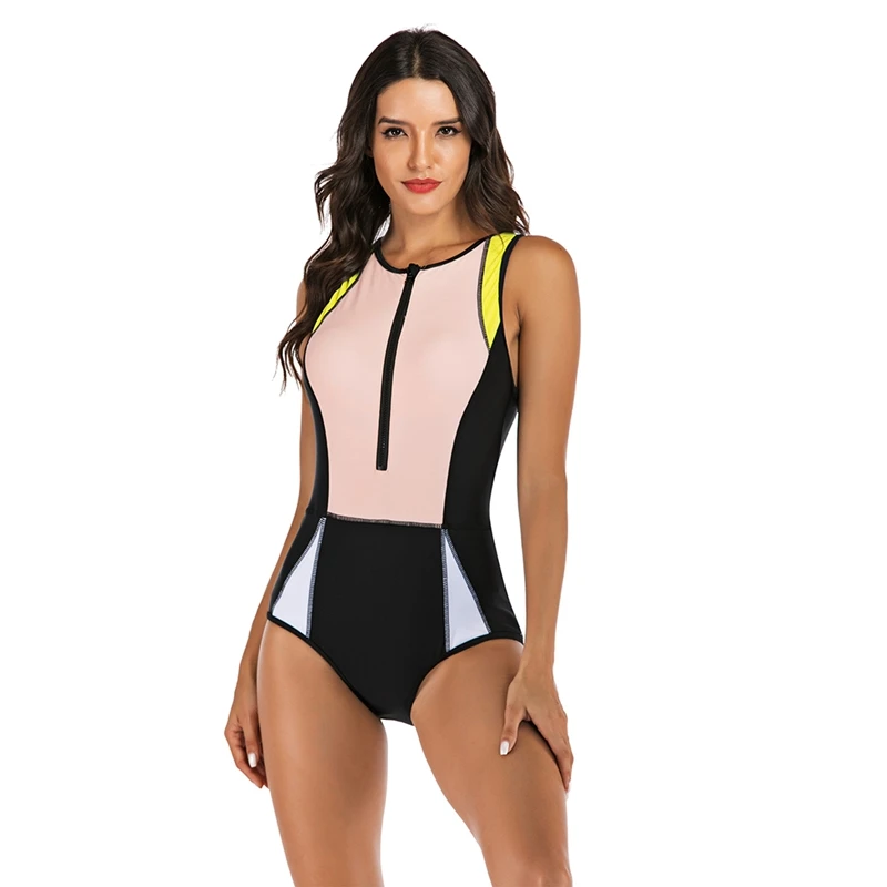 Women Rashguard One-Piece Sleeveless Zipper Patchwork Elastic Swimwear Women Diving Surfing Swimming Suit