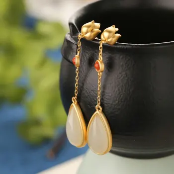 

Solid 925 sterling silver white jade stone WATER Drop long earrings gold color jewelry for women wedding party