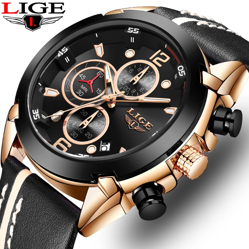 LIGE Новые повседневные спортивные мужские часы из розового золота Топ бренд