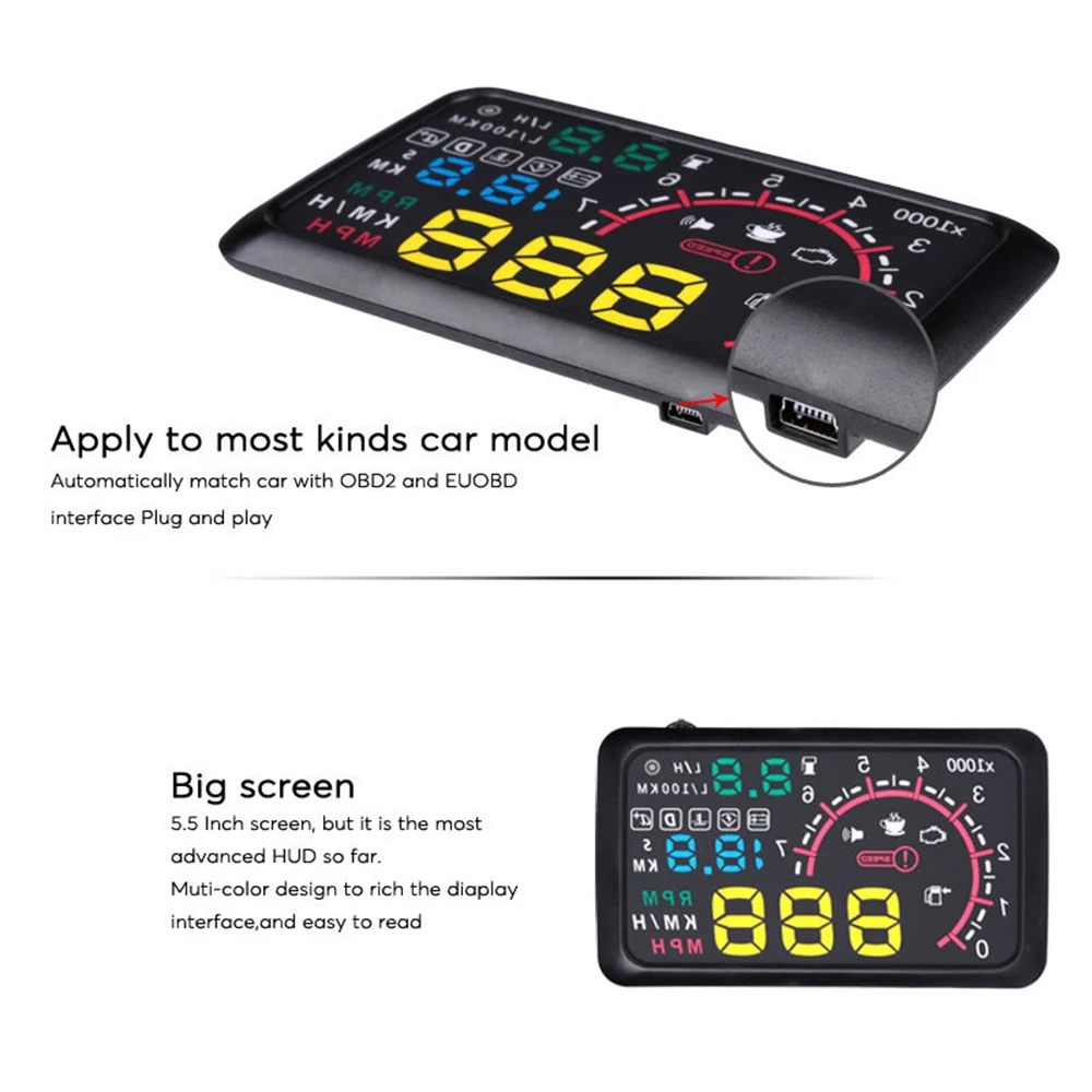 

Car HUD Head Up Display 5.5" KM/h & MPH Speeding Warning OBD2 Interface Windshield Projector Multiple-Color Bright System