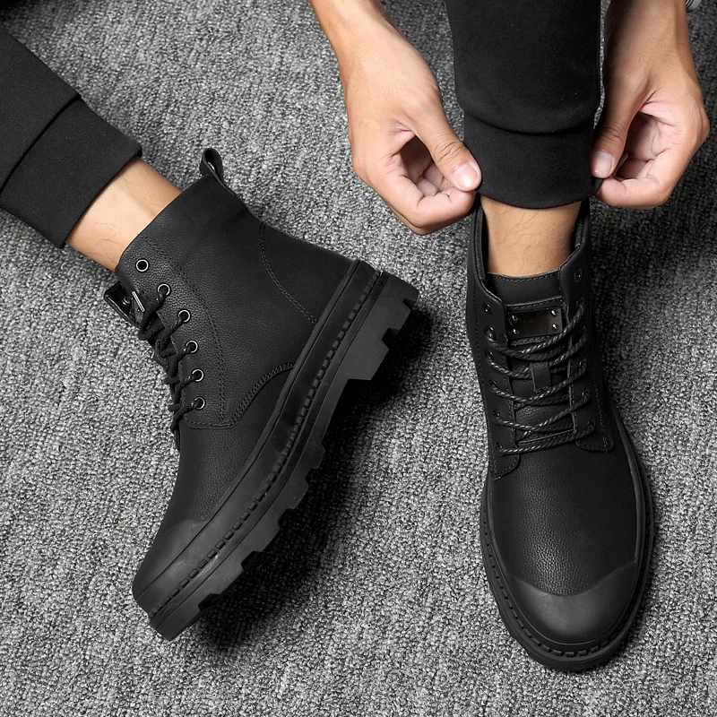 Ботильоны мужские из натуральной кожи теплые зимние кроссовки мех модная обувь