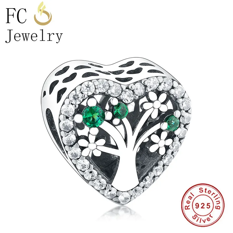 

2019 New Fit Original Pandora Charm Bracelet 925 Silver Heart Shape Life Tree Flower Green Zirconia Crystal Bead Making Berloque